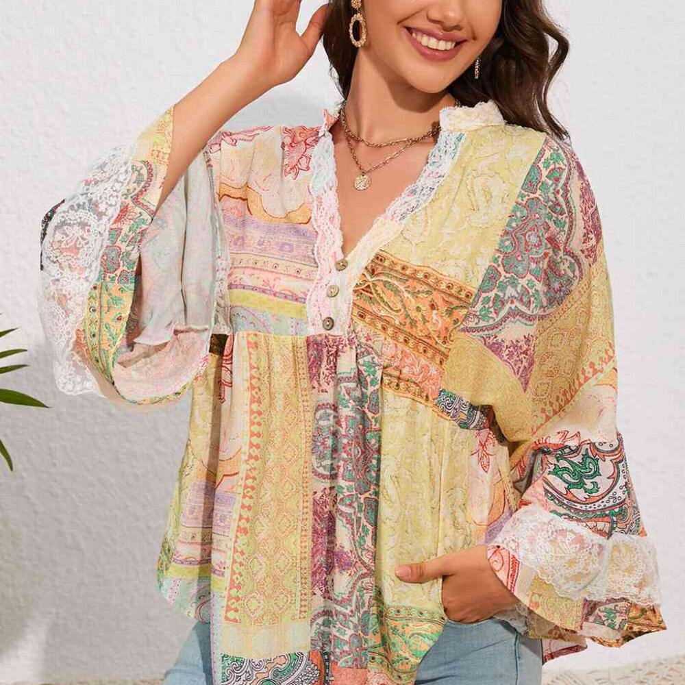 Printed Lace Trim Blouse
